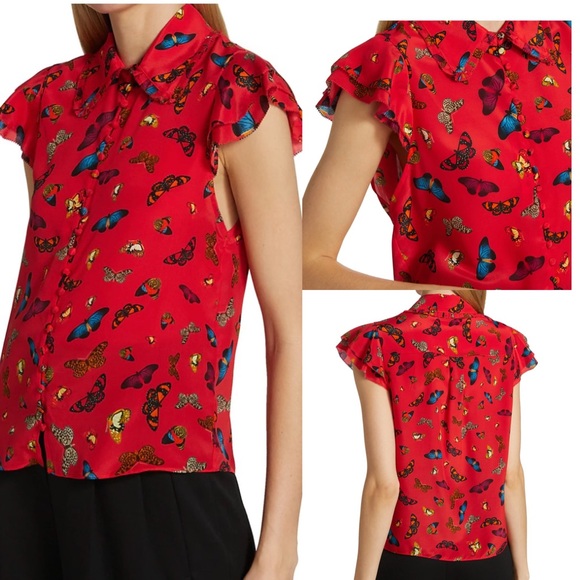 Alice + Olivia Martel Flutter Sleeve Blouse Poppy - Picture 4 of 13